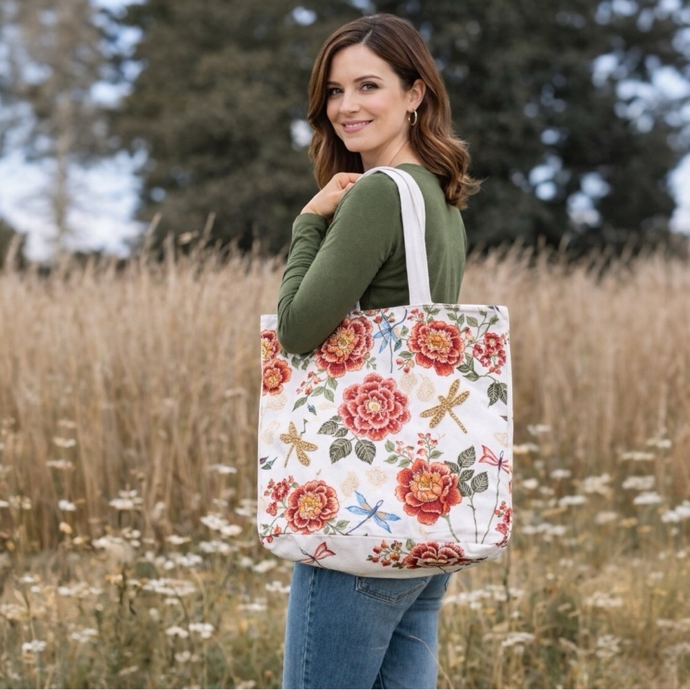 Beaded Large Floral Dragonfly Print Canvas Tote Bag New